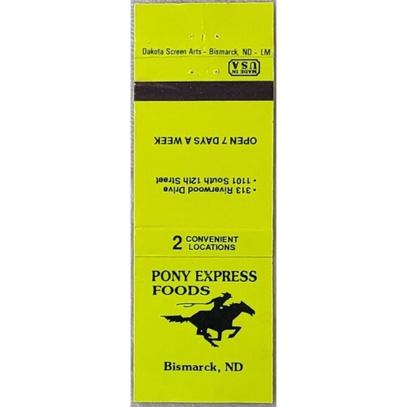 Vintage Matchbook Cover Pony Express Foods Bismarck ND North Dakota Neon Yellow - Picture 1 of 4